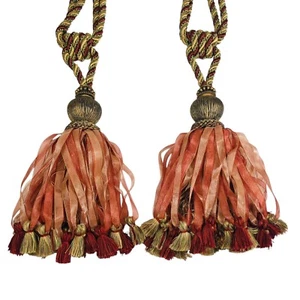 Set Pair of 2 Large Tassel Coral Gold Drapery Curtain Panel Tiebacks Rope Ribbon - Picture 1 of 10