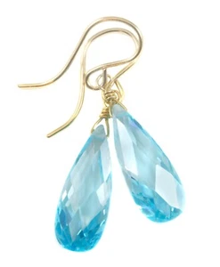 14k Solid Gold Cubic Zirconia Earrings Simulated Aquamarine CZ Silver Drops - Picture 1 of 10