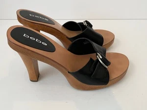 Bebe Black Leather Mules Clogs High Heel Platform Sandals With Buckle Size 8M - Picture 1 of 16