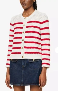 Me & Em Military Cardigan S Red White Breton Stripe Knit Jacket 100% Cotton VGC - Picture 1 of 13