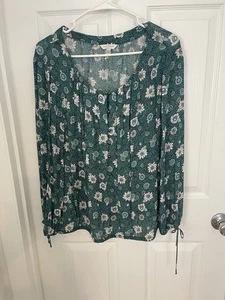 Blusa túnica manga larga con cuello redondo floral verde y blanca talla XL Lucky Brand - Imagen 1 de 7