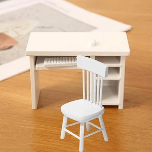 1:12 Miniature Computer Desk and Chair Set Toy Painted Study Table and Chairs - Picture 1 of 7
