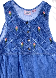 Vintage Premier International Rose Embroidered Maxi Denim Dress Size Large - Picture 1 of 7