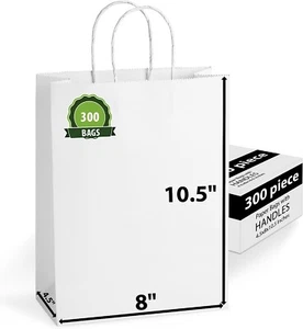 300 pcs paper bags white kraft bag with handles gift Retail Merchandise shopping - Picture 1 of 7