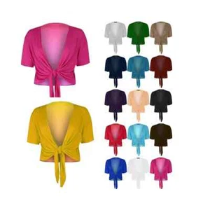 Ladies Plain Cap Short Sleeve Tie Up Front Bolero Shrug Cropped Cardigan Top UK - Picture 1 of 23