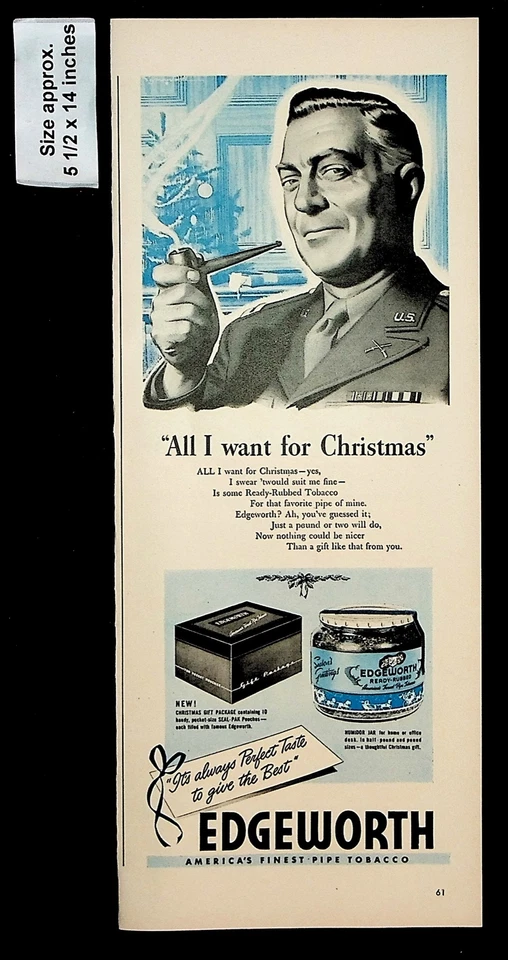 1943 Edgeworth America Finest Pipe Tabaco Regalo de Navidad Anuncio impreso vintage 38404 Foto 1 de 1