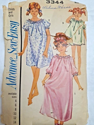 Nightgown Nightie Panties Girls 12 Advance 3344 Sew Easy Sewing Pattern Cut VTG - Image 1 of 4