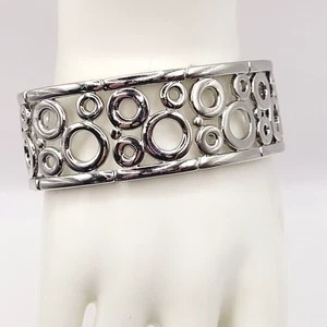 Modern Art Deco Open Circles Shiny Silver Tone Stretch Modernist Bracelet - Picture 1 of 22