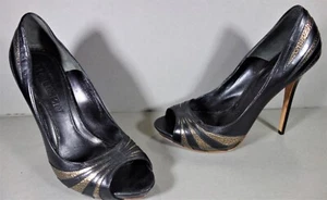 ALEXANDER McQUEEN 37 Black Leather Gold Inlay Peep Toe Platform Pumps High Heels - Picture 1 of 10