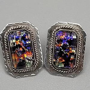 Vintage Earrings Mexico Sterling Silver Foiled Art Glass Rectangle - Picture 1 of 9