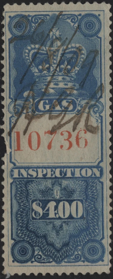Canada 1875 VanDam #FG15 $4.00 blue Can. Gas Insp. (red 3.5mm control #) used - Image 1 of 1