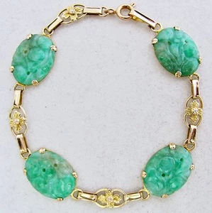 6.9" Antique Chinese 14K Yellow Gold Bracelet w/ Green Jadeite Jade (8.9 grams) - Picture 1 of 12