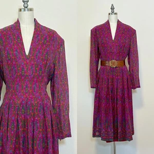 Vintage 80s Pauline Trigere Dress Paisley Pattern Wool Crepe Designer Dress - Picture 1 of 10