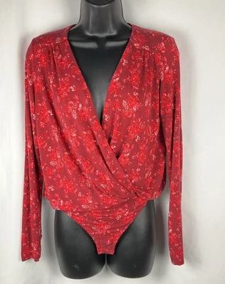Free People Intimately Women’s Size S Turnt Red Floral Deep V Neck LS Bodysuit - Image 1 of 4