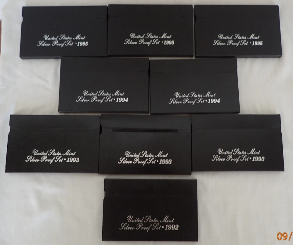 9 sets 1992-1995 US MINT SILVER PROOF COIN SETs 5-Coins (black box) w/OGP - Image 1 of 1
