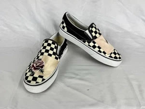 Vans Slip On Shoes Satin Patchwork Embroided Rose Checkered Sz US 7W Blk Wht VGC - Picture 1 of 16