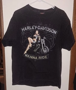 Vintage Y2K Harley Davidson "Wanna Ride" Pin Up Girl Double Sided Mens Black L - Picture 1 of 5