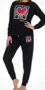 Keith Haring donna nero super morbido pile lounge crew e joggers piccolo nuovo - Foto 1 di 5