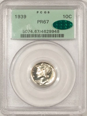 1939 PROOF MERCURY DIME - PCGS PR-67, OLD GREEN HOLDER, PREMIUM QUALITY & CAC! - Image 1 of 4