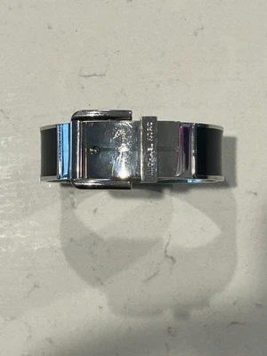 MICHAEL KORS SILVER WIDE BLACK ENAMEL HINGE BELT BUCKLE BANGLE BRACELET MKJ2773 - Image 1 of 4