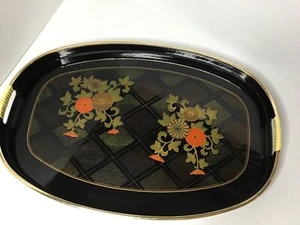 Vintage Laquerware Tray Oriental Flower Design With Wrapped Handles - Foto 1 di 13