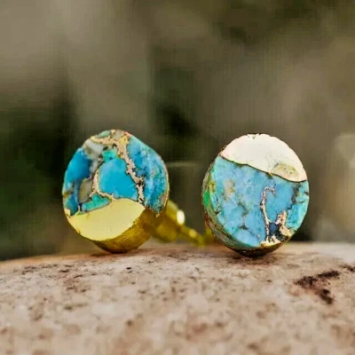Natural Turquoise Gold Plated Healing Reiki Oval Gemstone Women's Stud Earrings - Image 1 of 4