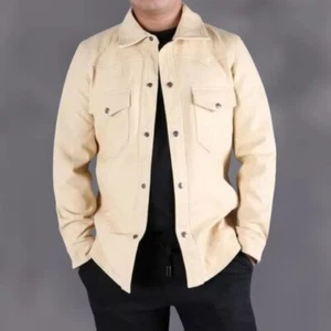 Formal Handmade Stylish Casual Classic Cream Men Shirt Genuine Leather Lambskin - Picture 1 of 5
