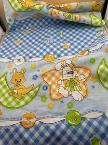 Vintage 60s Blue Gingham Baby Animals Fabric 2 1/2 Yard Monkey Kangaroo Rabbit - Picture 1 of 6
