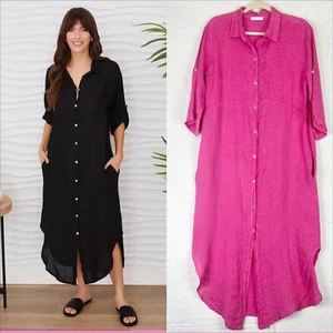 Milio Milano Solid Midi Length Button Down Linen Dress Size Small Pink - Picture 1 of 10