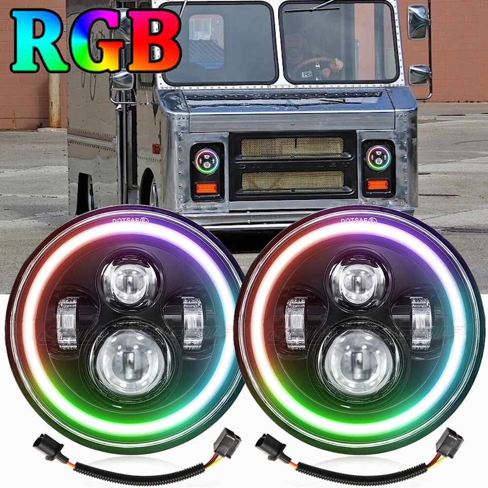 Pair 7" Round LED Headlights Hi-Low Beam RGB Halo for chevrolet P10 P20 P30 Van - Image 1 of 4