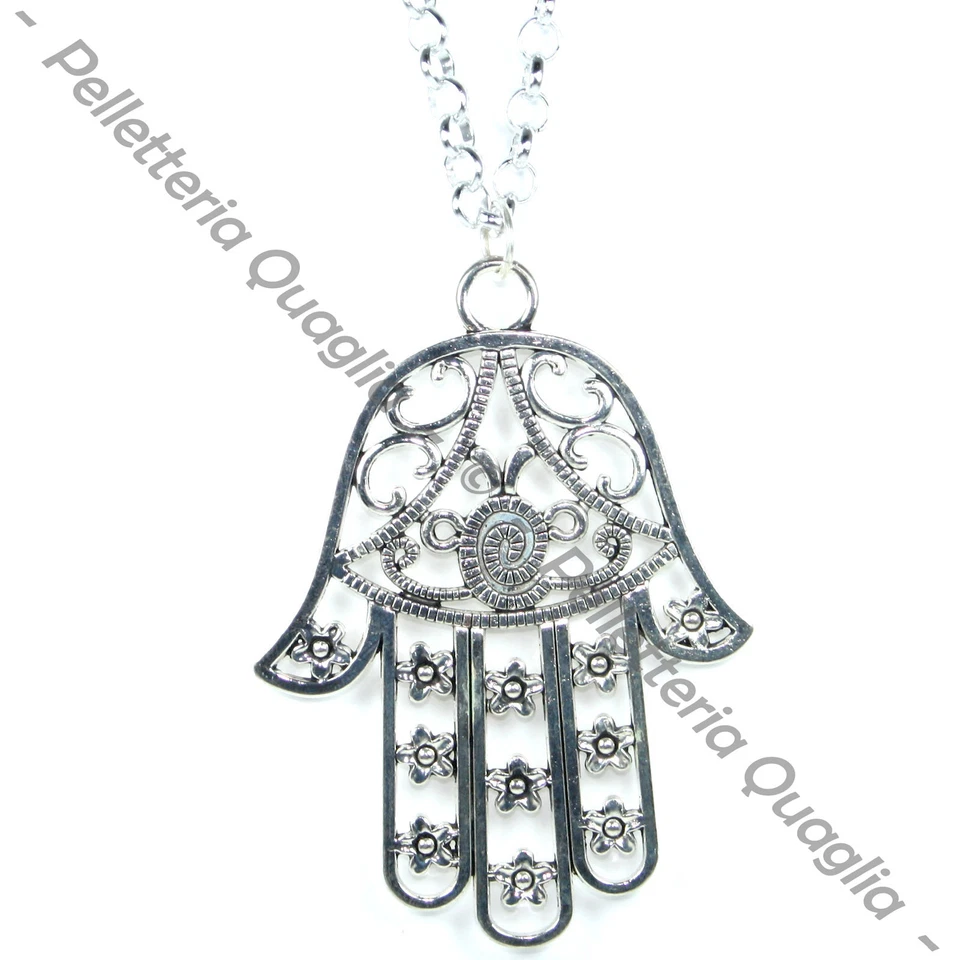 Collana Catena Lunga Regolabile Ciondolo Argento Tibetano Mano Di Fatima Amuleto - Immagine 1 di 1