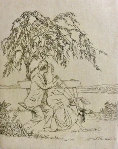 Hermann ZEILLINGER (1882-1931) Radierung FRÜHLING, küssendes Paar auf einer Bank - Bild 1 von 5