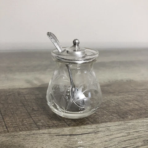 Mustard Pot by Webster Etched Glass / Sterling Lid & Spoon Cover
