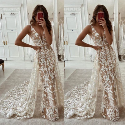 Champagne Wedding Dresses Detachable Train Deep V Neck Lace Applique Bridal Gown - Image 1 of 4