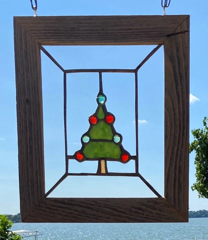 Framed Stained Glass Window Christmas Tree Green/Red Cover