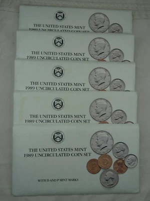 (5) 1989 P & D US Mint Uncirculated Sets 50 Coins OGP Original Envelopes BU - Image 1 of 4