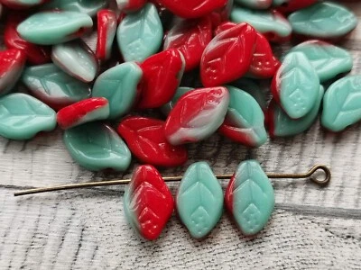 Czech pressed beads flat leaf light blue and  red mix 12 x 7 mm pack of 30 - Image 1 of 4