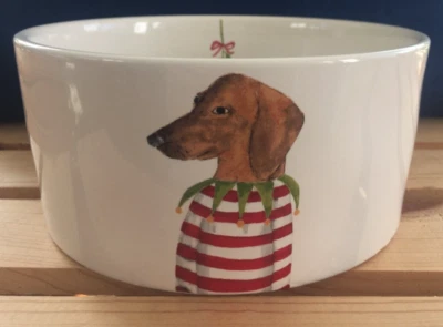 Rae Dunn~Dachshund Muérdago Navidad~6" Comida para Mascotas/Cuenco de Agua~Nuevo Foto 1 de 4