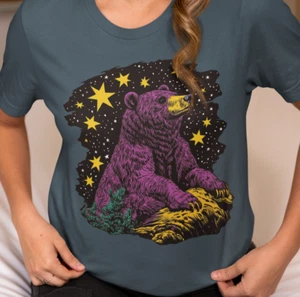 Bear Night Sky T-Shirt, Pop Art Graphic Animal Tee, Colorful Moonlight Shirt - Picture 1 of 11