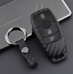Fit For Mercedes Benz C E Carbon Fiber Smart Key Fob Silicone Case Cover Chain - Picture 1 of 8