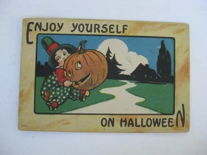 Antique 1917 Halloween Bergman Postcard w/Child with Pumpkin Jack-O-Lantern Vtg - Picture 1 of 5