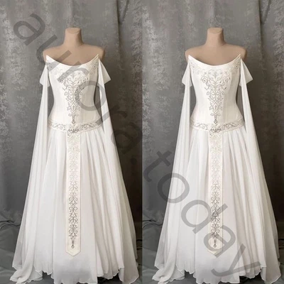 Vintage Celtic Chiffon Wedding Dresses with Cape Off the Shoulder Bridal Gowns - Image 1 of 4