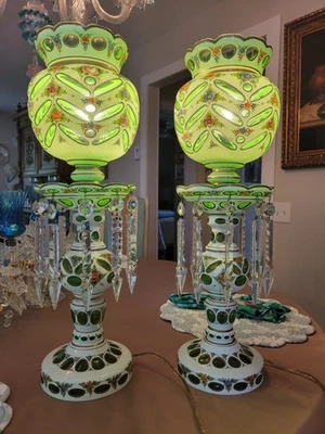 Vintage Bohemian Czech Glass Mantle Luster Lamps – Pair  Hand-Painted Floral 22" - Image 1 of 4