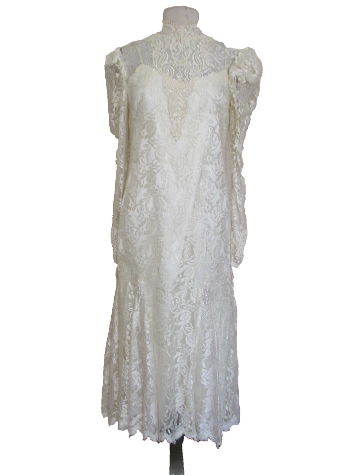 Vintage 80s Cream Lace Beaded Wedding Dress 16 Victorian S/M Women - Image 1 of 4
