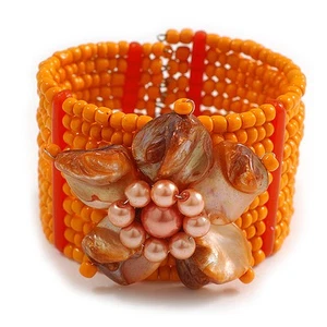 Orange Glass Bead Flex Cuff Bracelet with Shell Flower - M/ L - Picture 1 of 5
