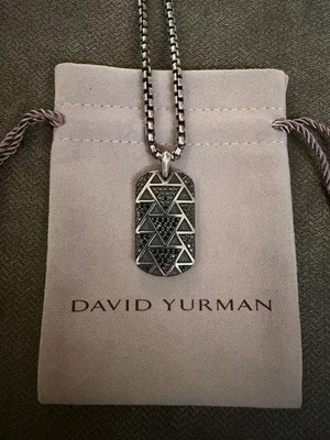 "Colgante de etiqueta de perro de diamantes negros David Yurman para hombre con collar de cadena de caja de 22""" Foto 1 de 4