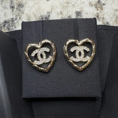 Authentic CHANEL 25A Crystal CC Logo Heart Métiers D’Art Stud Earrings ABG044 - Image 1 of 4