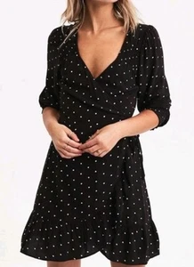 American Eagle~Mujer Talla L~Negro/Blanco Lunares Volantes Corbata Vestido Largo Slv - Imagen 1 de 15