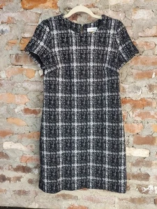 Calvin Klein Dress Women Sz 8 Plaid Textured Sheath Black White Career Tweed 74 - Picture 1 of 4