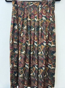 JONES NEW YORK Skirt SZ 8 Midi Pleated Full AOP Cow Horn French Horn Button VTG - Picture 1 of 15